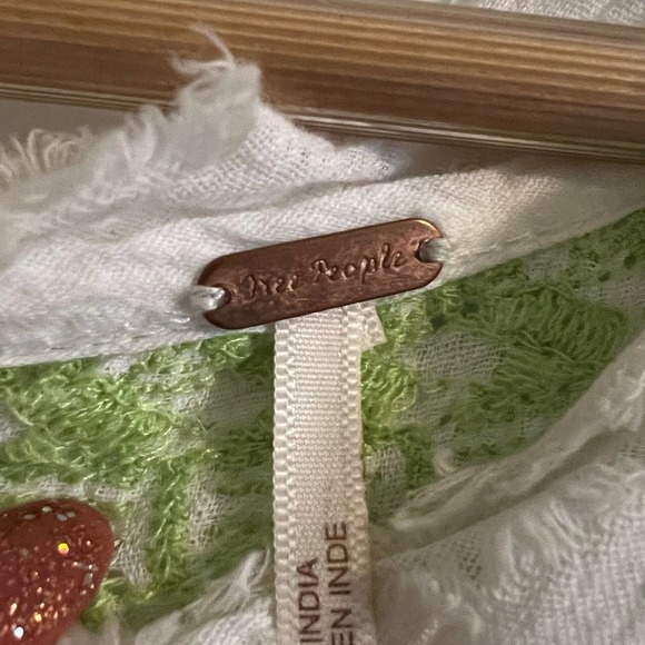 Free People Edie Top Womens White Green Linen Blend Beaded Embroidered M - Picture 6 of 12